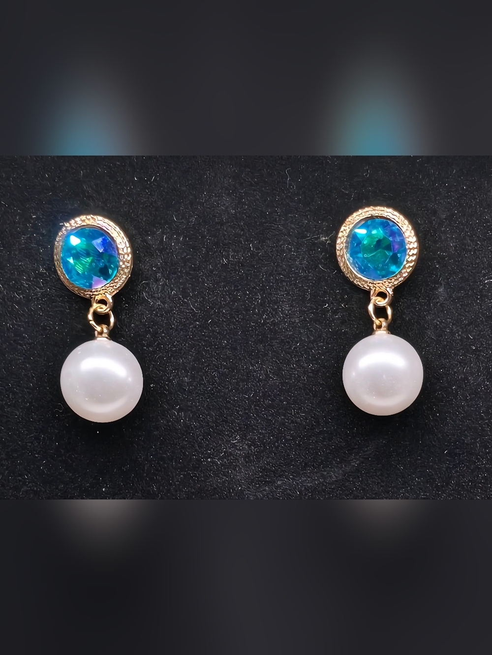 Vintage Style Pearl and AB Crystal Blue Rhinestone Drop Earrings